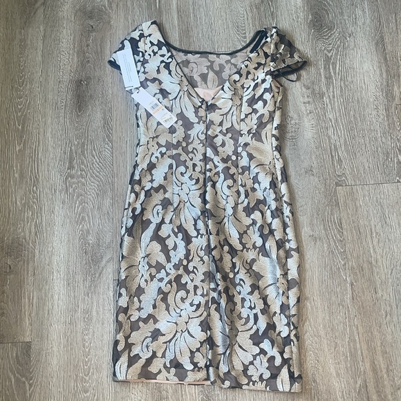 New Calvin Klein Silver Sheath Puff Sleeve Mini Dress embroidered mesh size 2 - Picture 9 of 10